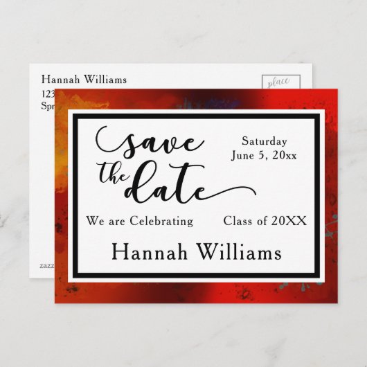 赤、アート卒業式ユニーク日付の保存 案内ポストカード (正面/裏面)