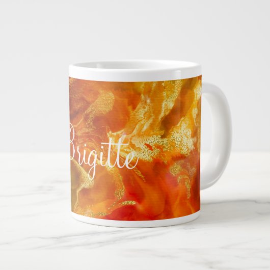 赤、オレンジ、ゴールド、グリーンの大理石インクプリントマグ ジャンボコーヒーマグカップ (正面右)