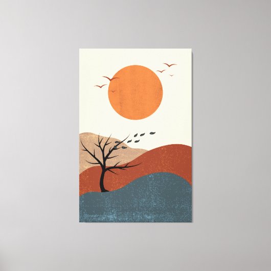 赤、オレンジ、ベージュカラフルイラストレーション壁 キャンバスプリント (正面)