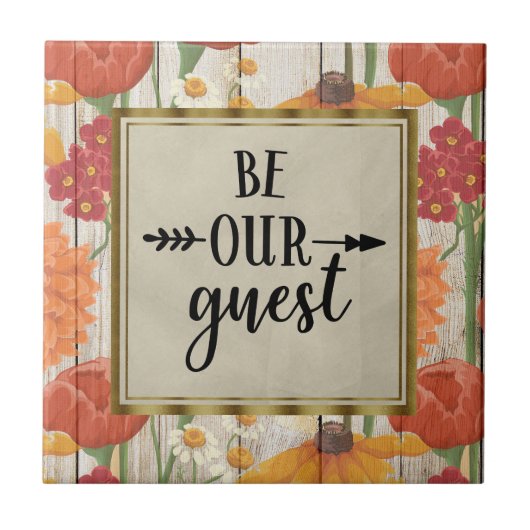 赤 オレンジ 花柄 ラスティック ウッド ビー アワ ゲスト タイル (正面)