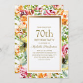 赤 オレンジ 花 緑の葉 ゴールド 70歳の誕生日 招待状 (正面/裏面)