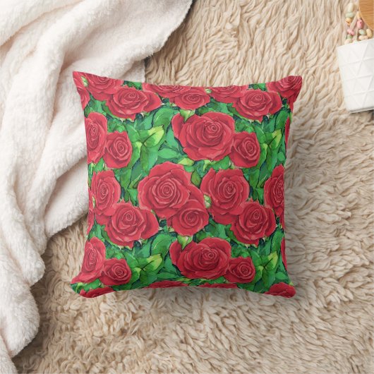 赤/クリムゾンウォーターカラーバラパターン クッション (ブランケット)