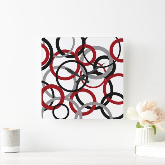 赤、グレー、黒の円 スクエア壁時計 (ホーム)