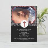 赤/グレー/黒バプテスマベビー献身写真5 x 7 招待状 (スタンド正面)