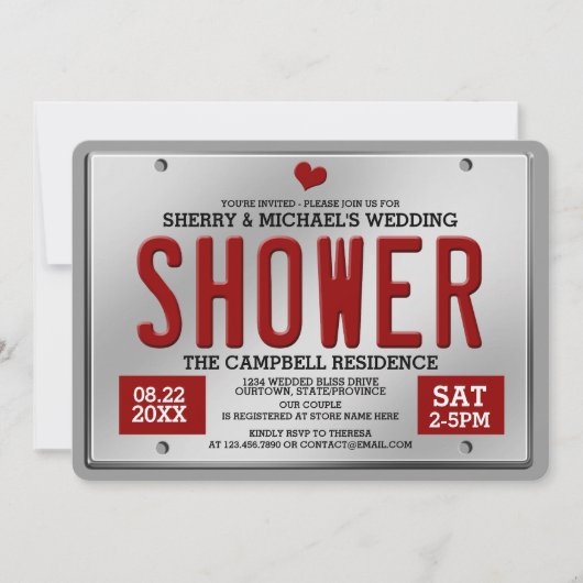 赤/シルバー ライセンス プレート ウェディング シャワー 招待状 (正面)