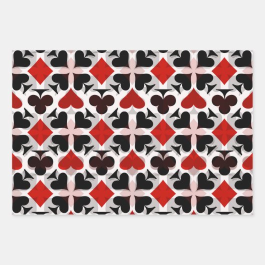 赤、ティール(緑がかった色)、白黒4枚のカードスーツのアイコン ラッピングペーパーシート (正面)
