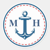 赤/ネイビーモノグラム航海のテーマ封筒用シール ラウンドシール (正面)