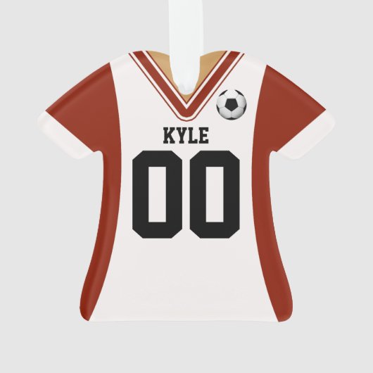 赤/パーソナライズされた白サッカージャージー オーナメント (裏面)