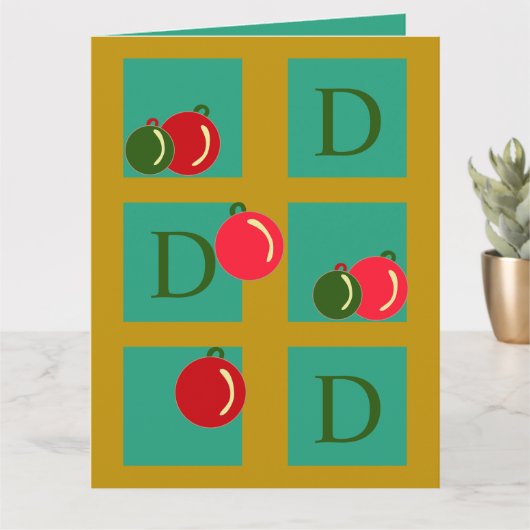 赤、パーソナライズされた緑、金ゴールドオーナメントクリスマス カード (小さな植物)