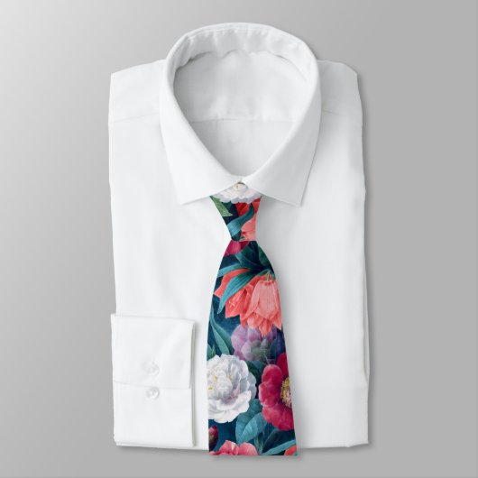 赤、ピンクと白の牡丹とユリの花 ネクタイ (タイ)