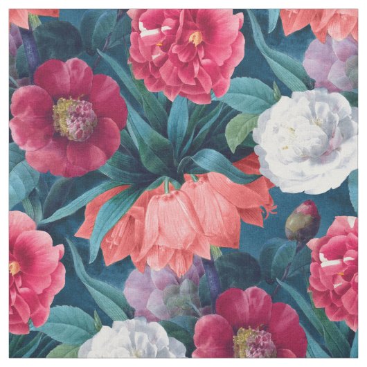 赤、ピンクと白の牡丹とユリの花 ファブリック (見本)