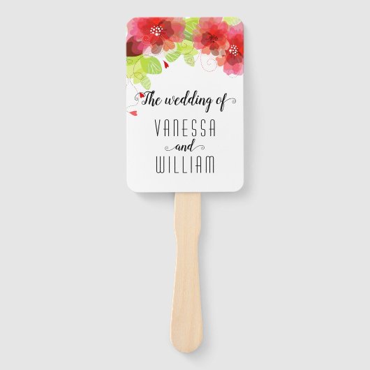 赤、ピンクの花の草花式のスクリプト結婚式プログラム ハンドファン (正面)