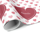 赤+ピンクハートパターン付/名前バレンタインデー ラッピングペーパー (ロールコーナー)