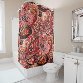 赤、ピンク、および黒のヴィンテージペイズリーフローラ シャワーカーテン