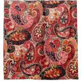 赤、ピンク、および黒のヴィンテージペイズリーフローラ シャワーカーテン (正面)