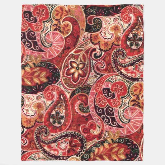赤、ピンク、および黒のヴィンテージペイズリーフローラ フリースブランケット (正面)
