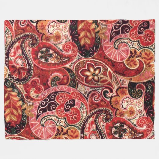 赤、ピンク、および黒のヴィンテージペイズリーフローラ フリースブランケット (正面(横))