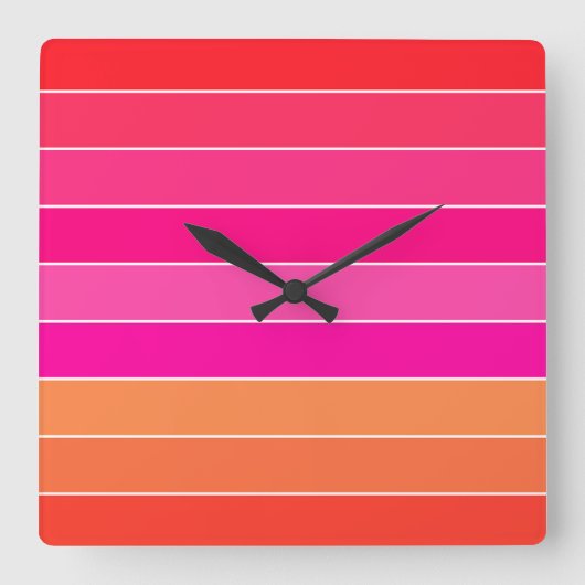 赤、ピンク、オレンジストライプ色 スクエア壁時計 (正面)