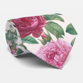 赤、ピンク、マゼンタのバラで緑の花離れ付き ネクタイ (ロール)