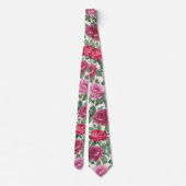 赤、ピンク、マゼンタのバラで緑の花離れ付き ネクタイ (裏面)