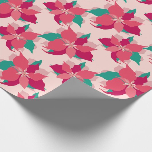 赤、ピンク、緑のポインセチアのクリスマス ラッピングペーパー (角)