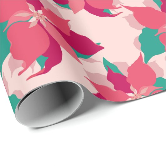 赤、ピンク、緑のポインセチアのクリスマス ラッピングペーパー (ロールコーナー)