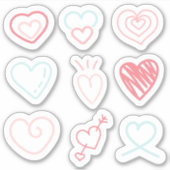 赤、ピンク、青の9つのハートのセット シール (正面)