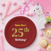 赤、フェイクな金ゴールドの第25誕生日 + 名前をカスタムする ペーパープレート (パーティー)