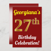 赤、フェイクな金ゴールドの第27誕生祝い + 名前 招待状 (正面/裏面)