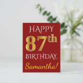 赤、フェイクな金ゴールドの第87誕生日 + 名前をカスタムする ポストカード (スタンド正面)