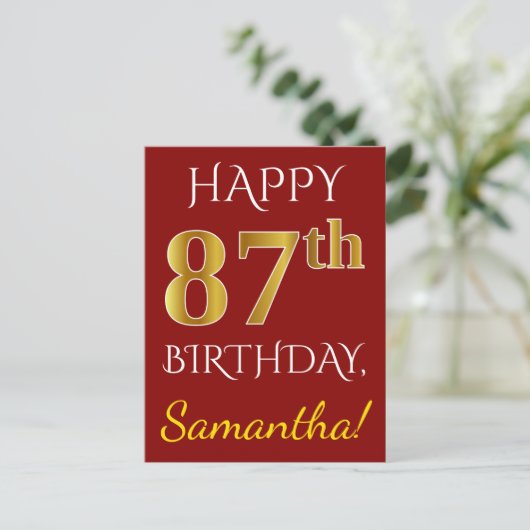 赤、フェイクな金ゴールドの第87誕生日 + 名前をカスタムする ポストカード (スタンド正面)
