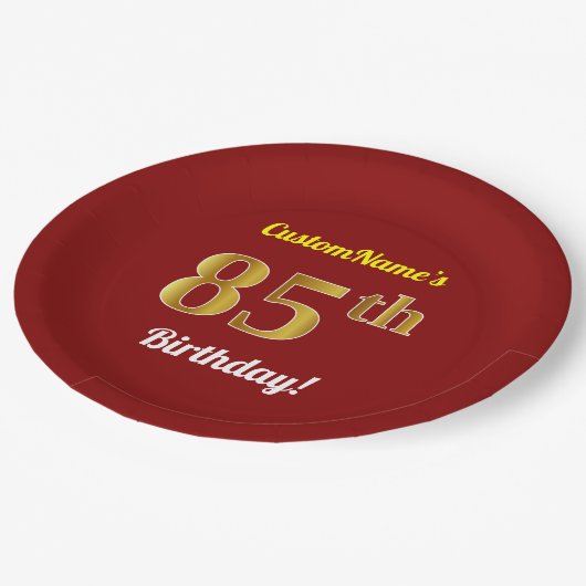 赤、フェイクな金ゴールドの85th誕生日 + 名前をカスタムする ペーパープレート (アングル)