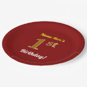 赤、フェイク金ゴールド1歳の誕生日+名前をカスタムする ペーパープレート (アングル)