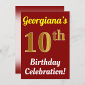 赤、フェイク金ゴールド10番目の誕生祝い+名前 招待状 (正面/裏面)