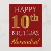 赤、フェイク金ゴールド10誕生日+名前をカスタムする ポストカード (正面)
