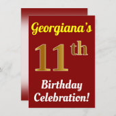赤、フェイク金ゴールド11番目の誕生祝い+名前 招待状 (正面/裏面)