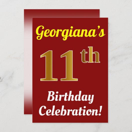 赤、フェイク金ゴールド11番目の誕生祝い+名前 招待状 (正面/裏面)