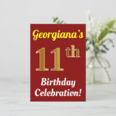 赤、フェイク金ゴールド11番目の誕生祝い+名前 招待状 (スタンド正面)