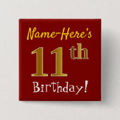 赤、フェイク金ゴールド11誕生日、名前をカスタムする付き 缶バッジ (正面)