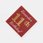 赤、フェイク金ゴールド11誕生日+名前をカスタムする スタンダードランチョンナプキン (角)