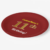 赤、フェイク金ゴールド11誕生日+名前をカスタムする ペーパープレート (アングル)