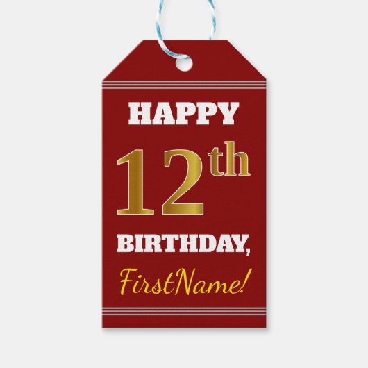 赤、フェイク金ゴールド12番目の誕生日+名前をカスタムする ギフトタグ (正面)