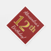 赤、フェイク金ゴールド12番目の誕生日+名前をカスタムする スタンダードランチョンナプキン (角)