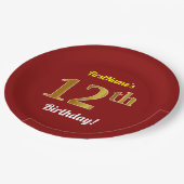 赤、フェイク金ゴールド12番目の誕生日+名前をカスタムする ペーパープレート (アングル)