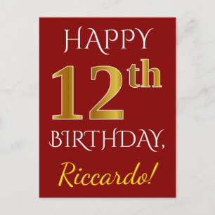赤、フェイク金ゴールド12番目の誕生日+名前をカスタムする ポストカード