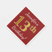 赤、フェイク金ゴールド13番目の誕生日+名前をカスタムする スタンダードランチョンナプキン (角)