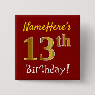 赤、フェイク金ゴールド13番目の誕生日、名前をカスタムする 缶バッジ