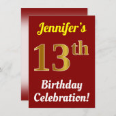赤、フェイク金ゴールド13番目の誕生祝い+名前 招待状 (正面/裏面)