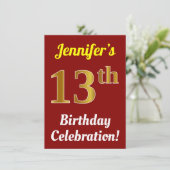 赤、フェイク金ゴールド13番目の誕生祝い+名前 招待状 (スタンド正面)