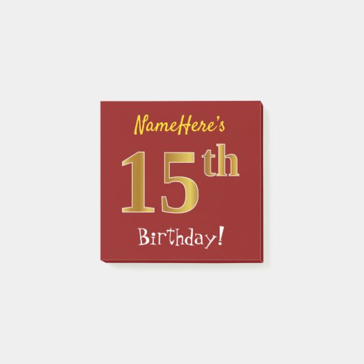 赤、フェイク金ゴールド15番目の誕生日、名前をカスタムする ポストイット (正面)